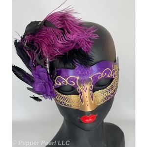 Masquerade Eye Masks Venetian Style Ribbon Tie Set of 4 Different Black Purple